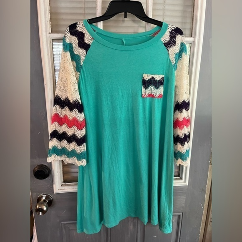 Cute teal blue shirt dress with striped crochet bell‎ sleeve
